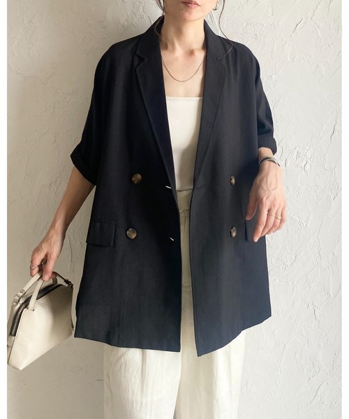 She's Closet（シーズクローゼット）の「リネンタッチオーバーサイズ半袖ダブルテーラードジャケット（テーラードジャケット・レディース・アイボリー/モカ/ブラック・FREE）」の11枚目の写真