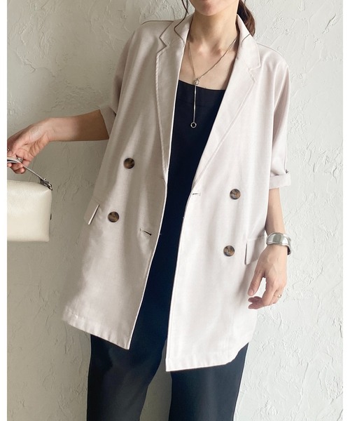 She's Closet（シーズクローゼット）の「リネンタッチオーバーサイズ半袖ダブルテーラードジャケット（テーラードジャケット・レディース・アイボリー/モカ/ブラック・FREE）」の16枚目の写真