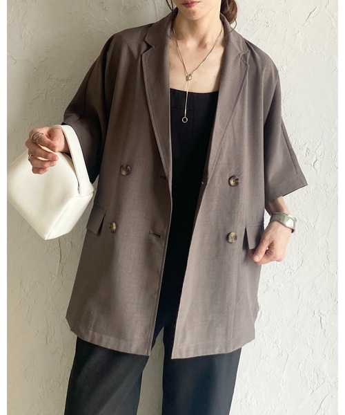 She's Closet（シーズクローゼット）の「リネンタッチオーバーサイズ半袖ダブルテーラードジャケット（テーラードジャケット・レディース・アイボリー/モカ/ブラック・FREE）」の9枚目の写真