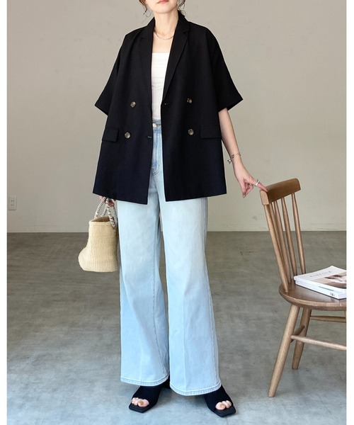 She's Closet（シーズクローゼット）の「リネンタッチオーバーサイズ半袖ダブルテーラードジャケット（テーラードジャケット・レディース・アイボリー/モカ/ブラック・FREE）」の10枚目の写真