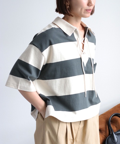 セール】レースアップラガーショートスリーブポロTee（Tシャツ