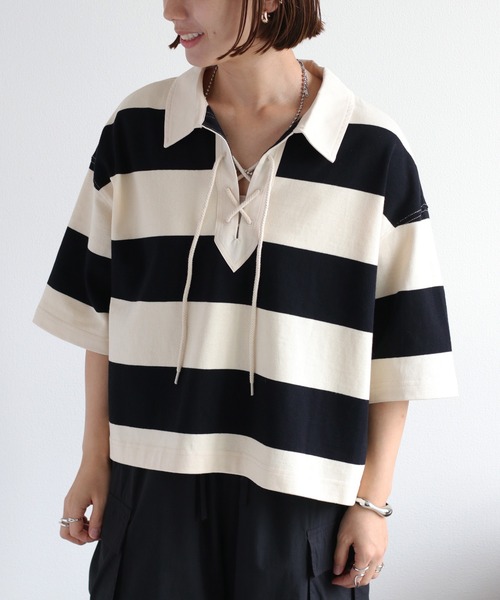 セール】レースアップラガーショートスリーブポロTee（Tシャツ