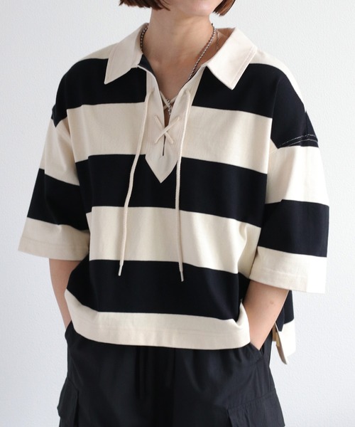 セール】レースアップラガーショートスリーブポロTee（Tシャツ