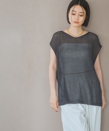 リネンコンメッシュプルオーバーフレンチスリーブ