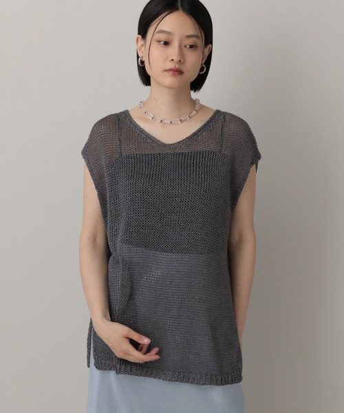 リネンコンメッシュプルオーバーフレンチスリーブ（ニット