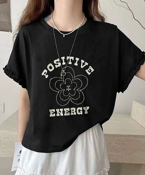 セール】フラワープリント袖フリルTシャツ（Tシャツ/カットソー