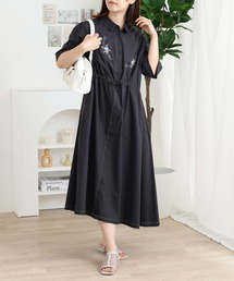 EMAGO 配色ステッチ花刺繍ワンピース