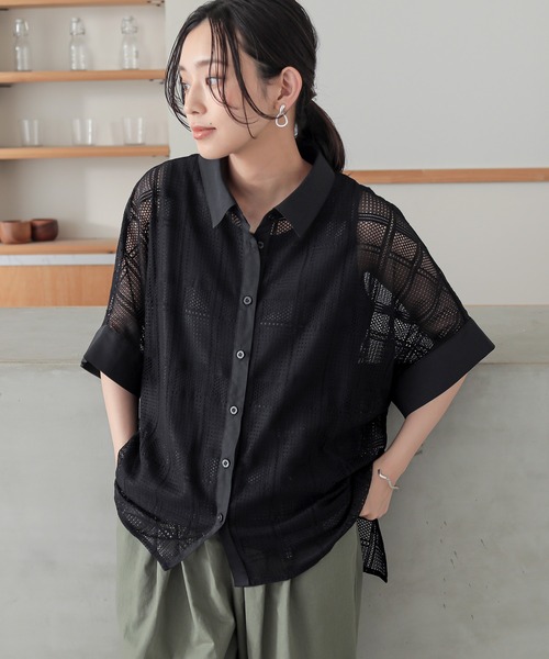 n'OrLABEL(ノアールレーベル)の「『チェックレースドルマンシャツ』(シャツ/ブラウス・レディース・ブラック/ライトブルー・FREE)」の1枚目の写真