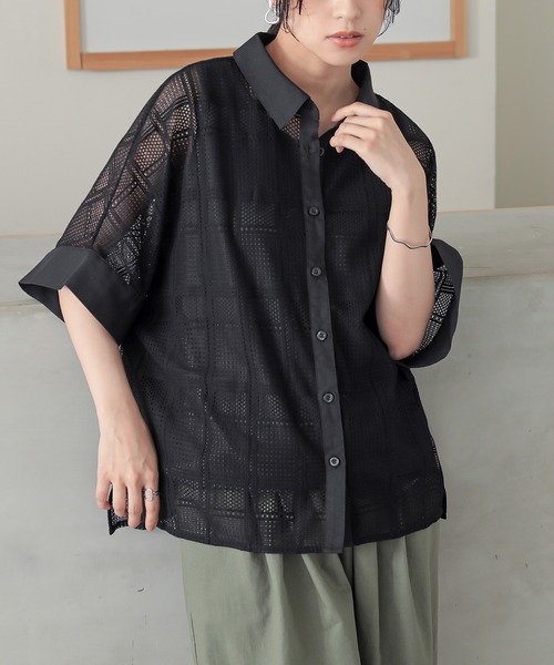n'OrLABEL(ノアールレーベル)の「チェックレースドルマンシャツ(シャツ/ブラウス・レディース・ブラック/ライトブルー/ホワイト・FREE)」の6枚目の写真