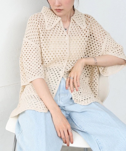 Bab(バブ)の「クロシェシャツカラー半袖トップス(その他トップス・レディース・A/ホワイト系その他・FREE)」の2枚目の写真