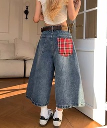 バックポケットチェックパッチ ワイドクロップドデニムパンツ レディース ハイウエスト 七分丈 Y2K ストリート