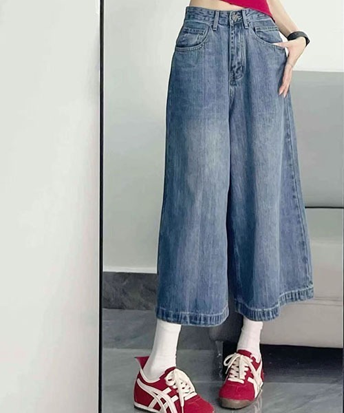 gossip！ロサンゼルス（ゴシップロサンゼルス）の「バックポケットチェックパッチ ワイドクロップドデニムパンツ レディース ハイウエスト 七分丈 Y2K ストリート（デニムパンツ・レディース・ブルー・S/M）」の2枚目の写真
