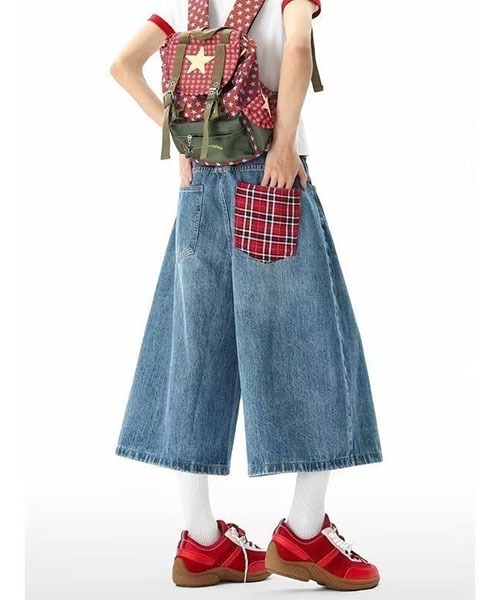 gossip！ロサンゼルス（ゴシップロサンゼルス）の「バックポケットチェックパッチ ワイドクロップドデニムパンツ レディース ハイウエスト 七分丈 Y2K ストリート（デニムパンツ・レディース・ブルー・S/M）」の3枚目の写真