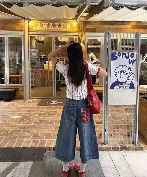 gossip！ロサンゼルス（ゴシップロサンゼルス）の「バックポケットチェックパッチ ワイドクロップドデニムパンツ レディース ハイウエスト 七分丈 Y2K ストリート（デニムパンツ・レディース・ブルー・S/M）」の6枚目の写真