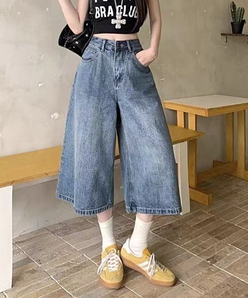 gossip！ロサンゼルス（ゴシップロサンゼルス）の「バックポケットチェックパッチ ワイドクロップドデニムパンツ レディース ハイウエスト 七分丈 Y2K ストリート（デニムパンツ・レディース・ブルー・S/M）」の7枚目の写真