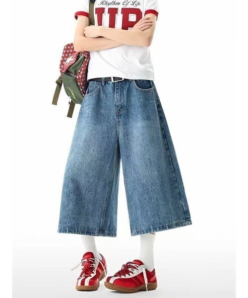 gossip！ロサンゼルス（ゴシップロサンゼルス）の「バックポケットチェックパッチ ワイドクロップドデニムパンツ レディース ハイウエスト 七分丈 Y2K ストリート（デニムパンツ・レディース・ブルー・S/M）」の9枚目の写真