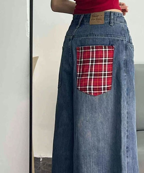gossip！ロサンゼルス（ゴシップロサンゼルス）の「バックポケットチェックパッチ ワイドクロップドデニムパンツ レディース ハイウエスト 七分丈 Y2K ストリート（デニムパンツ・レディース・ブルー・S/M）」の10枚目の写真