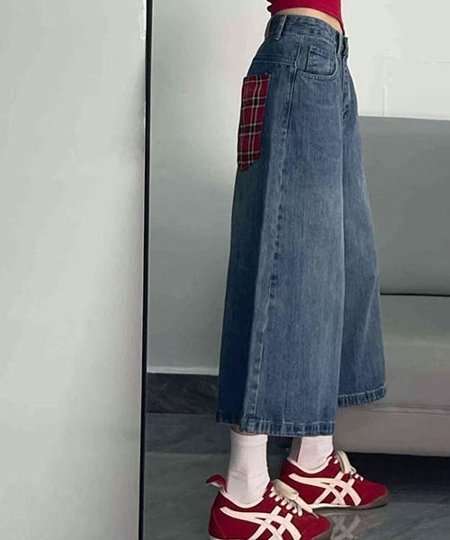 gossip！ロサンゼルス（ゴシップロサンゼルス）の「バックポケットチェックパッチ ワイドクロップドデニムパンツ レディース ハイウエスト 七分丈 Y2K ストリート（デニムパンツ・レディース・ブルー・S/M）」の11枚目の写真