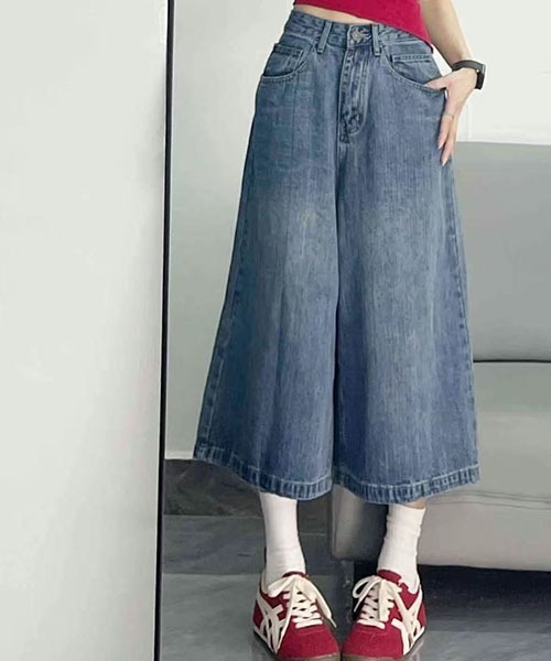 gossip！ロサンゼルス（ゴシップロサンゼルス）の「バックポケットチェックパッチ ワイドクロップドデニムパンツ レディース ハイウエスト 七分丈 Y2K ストリート（デニムパンツ・レディース・ブルー・S/M）」の12枚目の写真