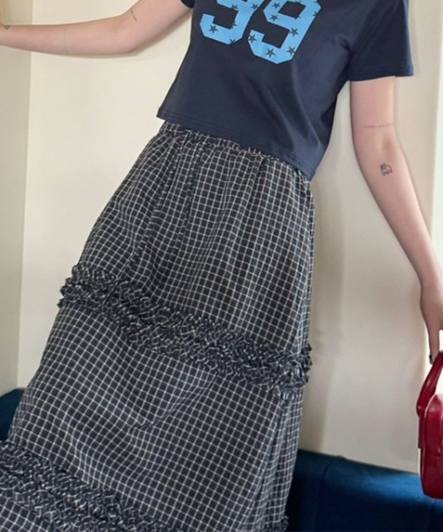 LYEON(リヨン)の「フリルチェックスカート(スカート・レディース・オフホワイト/ブラック・FREE)」の9枚目の写真