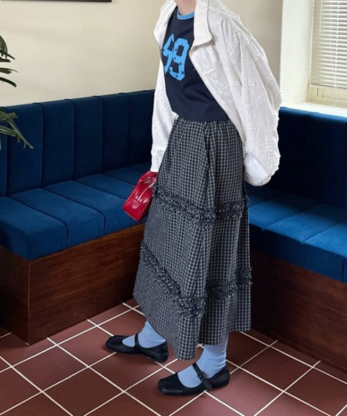 LYEON(リヨン)の「フリルチェックスカート(スカート・レディース・オフホワイト/ブラック・FREE)」の10枚目の写真