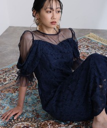 結婚式 二次会 パーティー ドレス オフショル風 Iライン 背面ゴム 透け感 シースルー 七分袖&ロング 大きいサイズ 同窓会 成人式 オケージョンドレス フォーマル お呼ばれ 謝恩会 20代 30代