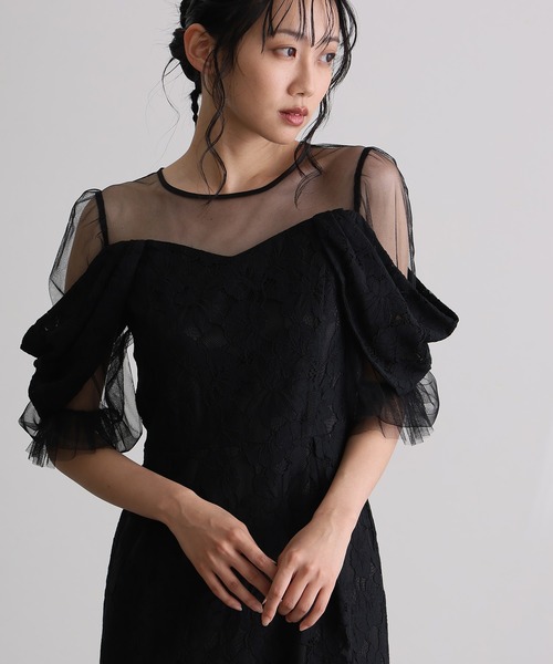 新品未使用 シースルーオフショルダー ブラック お呼ばれパーティードレス 結婚式二次会パーティードレスオフショル風Iライン背面ゴム透け