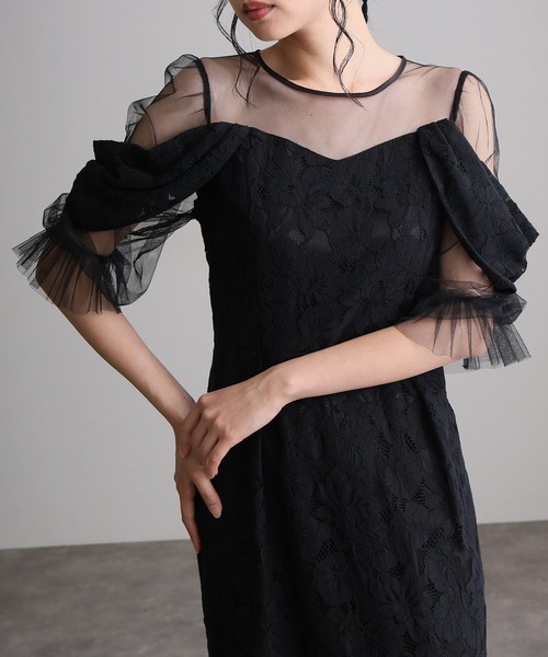 結婚式二次会パーティードレスオフショル風Iライン背面ゴム透け感