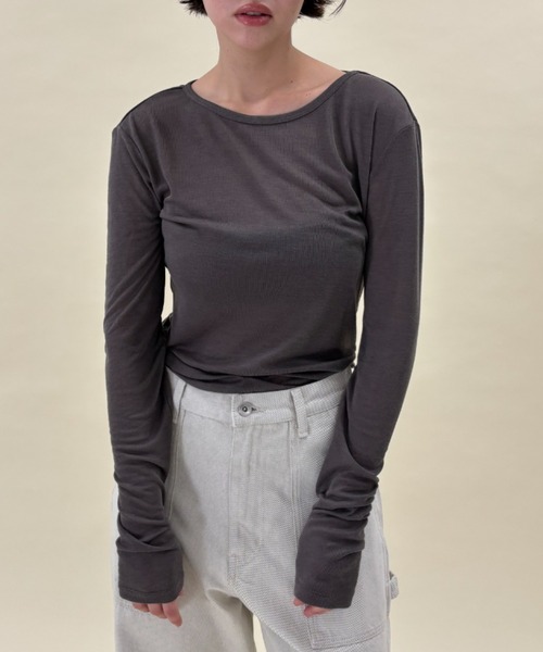 FUULLY STUDIO(フーリィーステューディオ)の「シアーロングスリーブTEE(Tシャツ/カットソー・レディース・オフホワイト/グレー/ブラック/ブラウン/グリーン/ネイビー/チャコールグレー/ブルー/ピンク・FREE)」の4枚目の写真