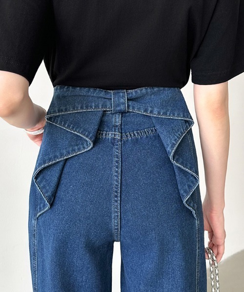 セール】バックリボンデニム リボン ワイドデニムパンツ