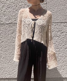 花柄メッシュカーディガン(comochi) / レースカーディガン ショート丈 ボレロ レイヤード リボン 重ね着 薄手 長袖 羽織り 冷房対策 日焼け対策 ホワイト ベージュ 白 茶
