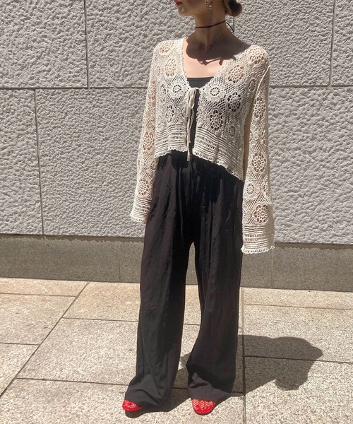 花柄メッシュカーディガン(comochi) / レースカーディガン ショート丈