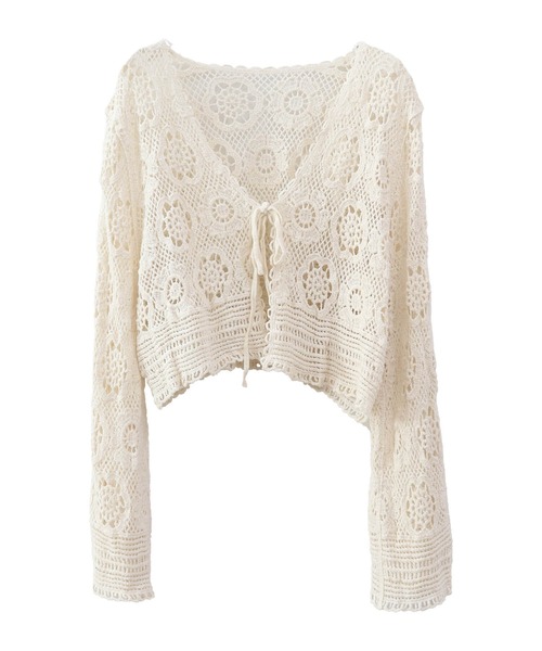 ISOOK（アイスー）の「花柄メッシュカーディガン(comochi) / レースカーディガン ショート丈 ボレロ レイヤード リボン 重ね着 薄手 長袖 羽織り 冷房対策 日焼け対策 ホワイト ベージュ 白 茶（カーディガン/ボレロ・レディース・ベージュ/ホワイト・FREE）」の12枚目の写真