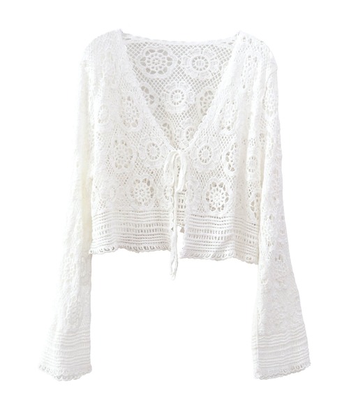 ISOOK（アイスー）の「花柄メッシュカーディガン(comochi) / レースカーディガン ショート丈 ボレロ レイヤード リボン 重ね着 薄手 長袖 羽織り 冷房対策 日焼け対策 ホワイト ベージュ 白 茶（カーディガン/ボレロ・レディース・ベージュ/ホワイト・FREE）」の13枚目の写真