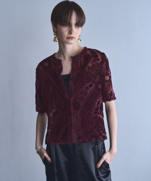 Muel Chic(ミュエルシック)の「Leaf sheer cardigan リーフシアカーディガン(カーディガン/ボレロ・レディース・マルーン/マスタード/ベージュ/ブラック・FREE)」の1枚目の写真