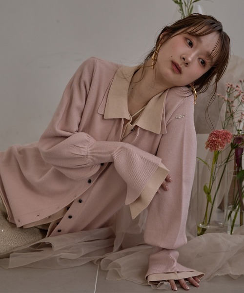 mideal(マイディール)の「layered loose knit shirt / レイヤードルーズニットシャツ(カーディガン/ボレロ・レディース・ブラウン/ピンク・FREE)」の1枚目の写真