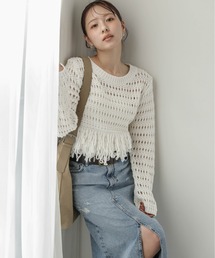 メッシュフリンジニットトップス