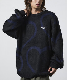限定展開 CHOW DOWN/チャウダウン リラックスフィット ジャカード クルーネック モヘアタッチ シャギーニット / ハートモチーフ