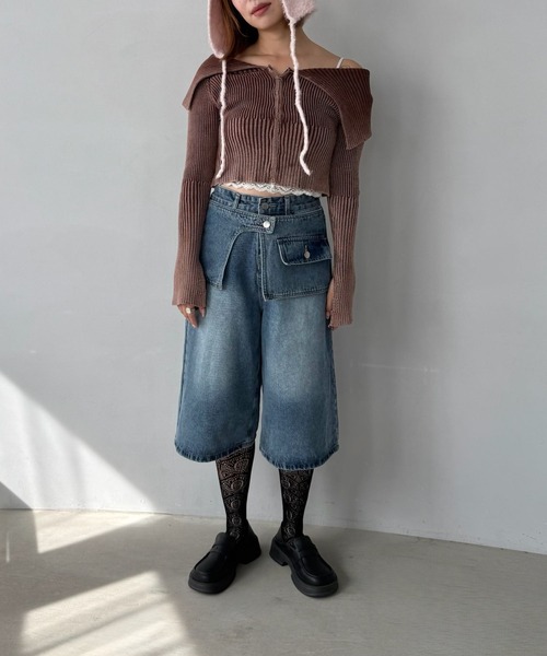 SANSeLF（サンセルフ）の「【SANSeLF】 デニムワイドハーフパンツ レイヤードウエスト ストリートユース ユニセックス saw25a048（デニムパンツ・レディース・ブルー・FREE）」の2枚目の写真