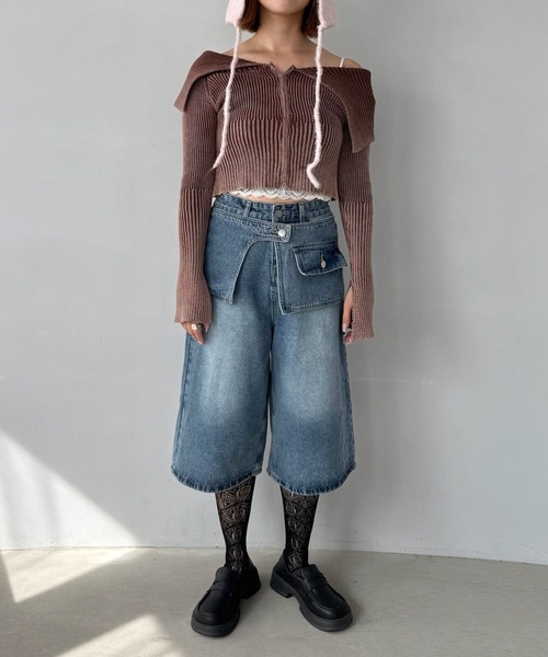 SANSeLF（サンセルフ）の「【SANSeLF】 デニムワイドハーフパンツ レイヤードウエスト ストリートユース ユニセックス saw25a048（デニムパンツ・レディース・ブルー・FREE）」の3枚目の写真