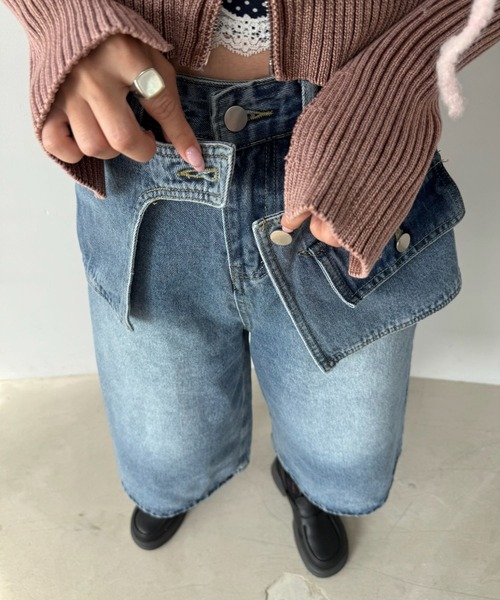 SANSeLF（サンセルフ）の「【SANSeLF】 デニムワイドハーフパンツ レイヤードウエスト ストリートユース ユニセックス saw25a048（デニムパンツ・レディース・ブルー・FREE）」の8枚目の写真