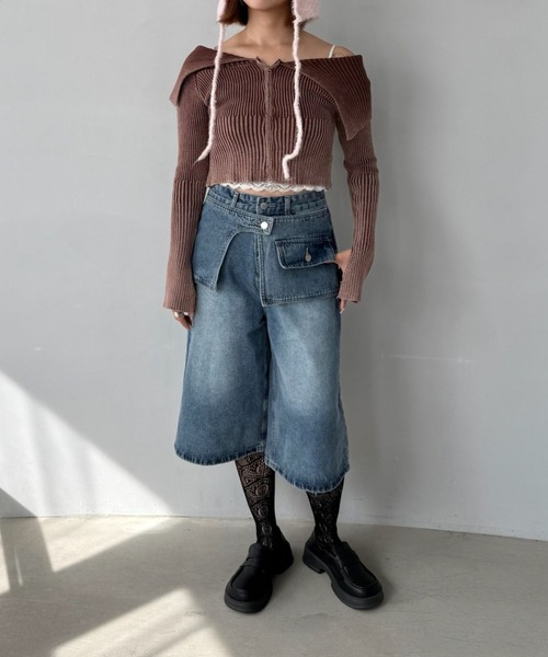 SANSeLF（サンセルフ）の「【SANSeLF】 デニムワイドハーフパンツ レイヤードウエスト ストリートユース ユニセックス saw25a048（デニムパンツ・レディース・ブルー・FREE）」の4枚目の写真