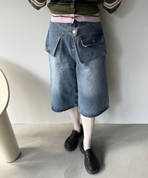 SANSeLF（サンセルフ）の「【SANSeLF】 デニムワイドハーフパンツ レイヤードウエスト ストリートユース ユニセックス saw25a048（デニムパンツ・レディース・ブルー・FREE）」の11枚目の写真