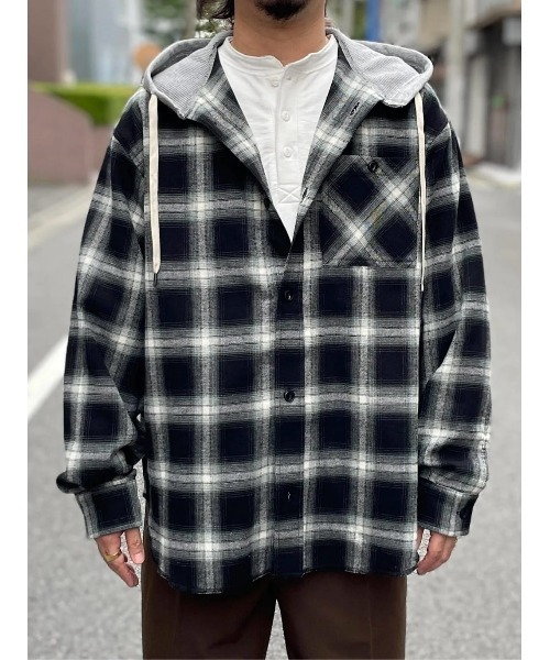 BACK NUMBER（バックナンバー）の「【店頭で人気】【BACK NUMBER】フード付きオーバーサイズチェックネルシャツ (オーバーサイズ/微起毛/羽織り/シーズンレス/大人のカジュアル/トレンド)（シャツ/ブラウス・メンズ・ブラック/ブラウン/グリーン・L/XL/M）」の14枚目の写真