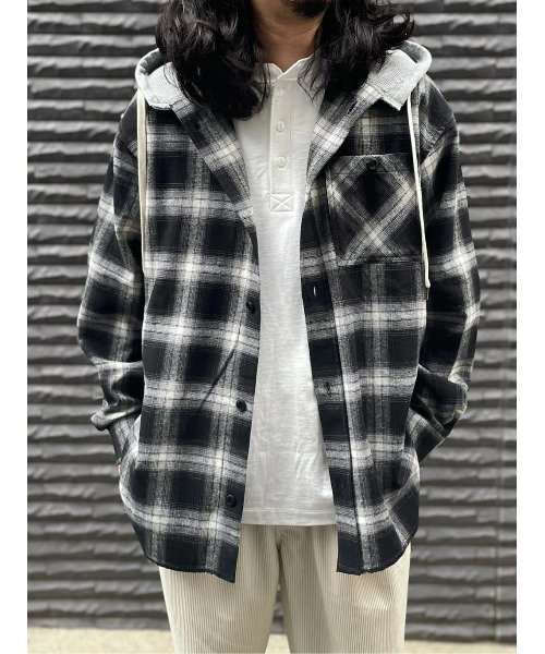 BACK NUMBER（バックナンバー）の「【店頭で人気】【BACK NUMBER】フード付きオーバーサイズチェックネルシャツ (オーバーサイズ/微起毛/羽織り/シーズンレス/大人のカジュアル/トレンド)（シャツ/ブラウス・メンズ・ブラック/ブラウン/グリーン・L/XL/M）」の18枚目の写真