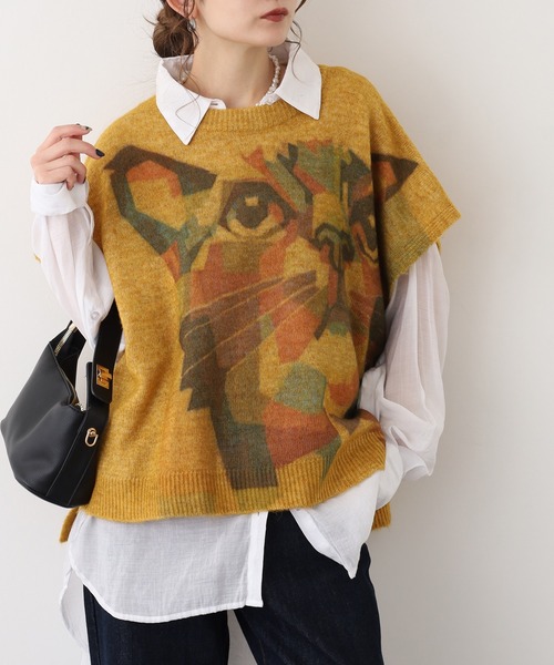 olet ihana ニットねこプリント ベスト