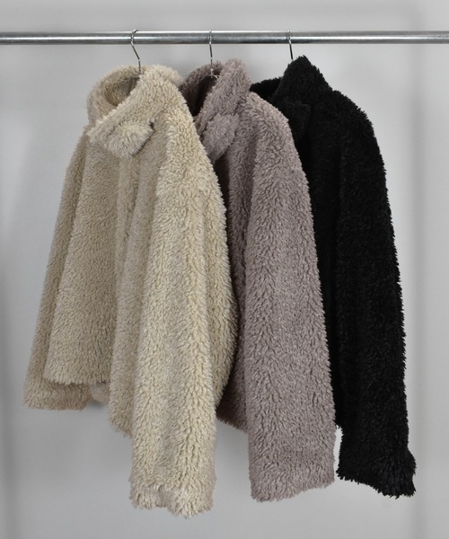 Reurie'（レウリィ）の「オリジナルダブルジップファーコート / ショート丈 カジュアル シンプル 冬 アウター プードル調 ステンカラー スタンドカラー（ステンカラーコート・レディース・ブラック/グレイッシュベージュ/ベージュ・FREE）」の14枚目の写真