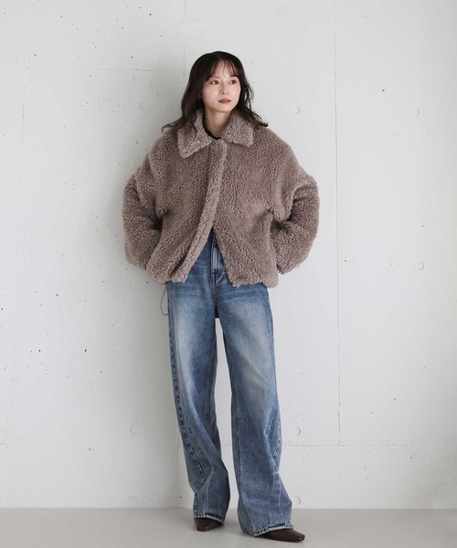 Reurie'（レウリィ）の「オリジナルダブルジップファーコート / ショート丈 カジュアル シンプル 冬 アウター プードル調 ステンカラー スタンドカラー（ステンカラーコート・レディース・ブラック/グレイッシュベージュ/ベージュ・FREE）」の7枚目の写真