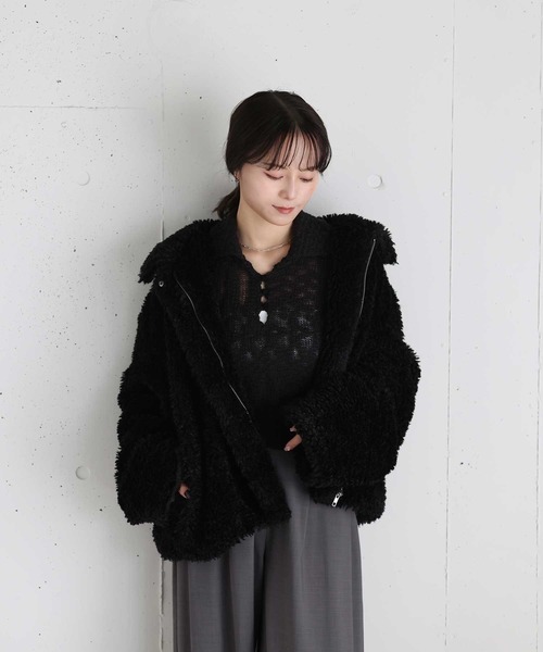 Reurie'（レウリィ）の「オリジナルダブルジップファーコート / ショート丈 カジュアル シンプル 冬 アウター プードル調 ステンカラー スタンドカラー（ステンカラーコート・レディース・ブラック/グレイッシュベージュ/ベージュ・FREE）」の8枚目の写真