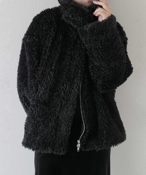 Reurie'（レウリィ）の「オリジナルダブルジップファーコート / ショート丈 カジュアル シンプル 冬 アウター プードル調 ステンカラー スタンドカラー（ステンカラーコート・レディース・ブラック/グレイッシュベージュ/ベージュ・FREE）」の9枚目の写真